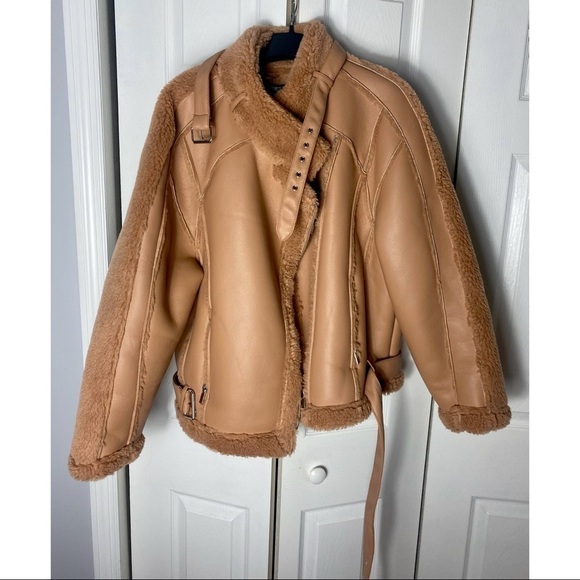 Missguided Premium Brown Tan Borg Teddy Faux Leather Belted Aviator Jacket 14 XL - Picture 3 of 5